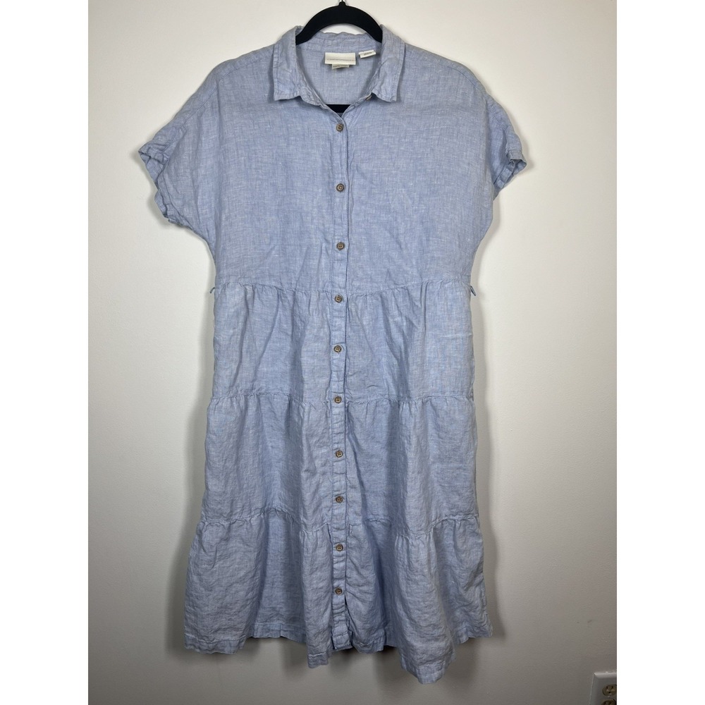 Cynthia Rowley Linen Shirt Dress Womens S Blue Tiered Button Coastal Pockets